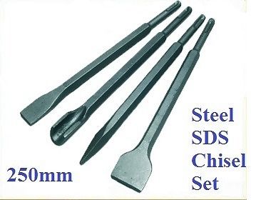 STEEL SDS+ 4 PCE CHISEL SET FLAT POINT GROOVE GOUGE DRILL HAMMER DRILL 250MM -T3
