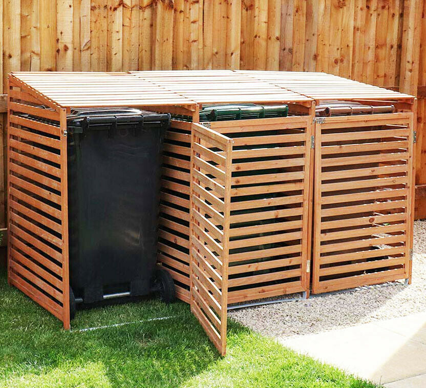 Triple Wheelie Bin Storage Wooden Store Cover Garden Rubbish Dustbin 3 Shed