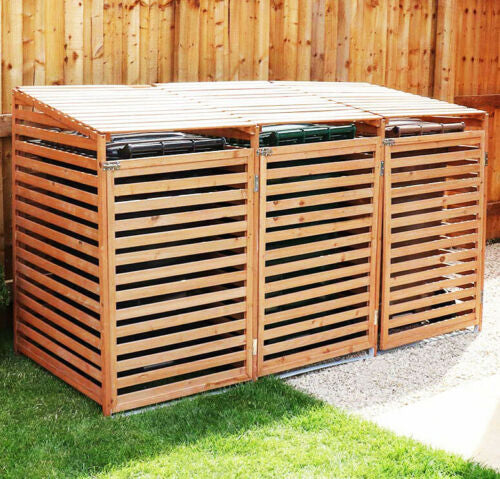 Triple Wheelie Bin Storage Wooden Store Cover Garden Rubbish Dustbin 3 Shed