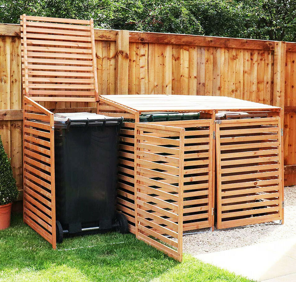 Triple Wheelie Bin Storage Wooden Store Cover Garden Rubbish Dustbin 3 Shed