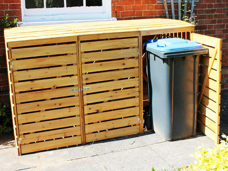 Triple Wheelie Bin Storage Wooden Store Cover Garden Rubbish Dustbin 3 Shed