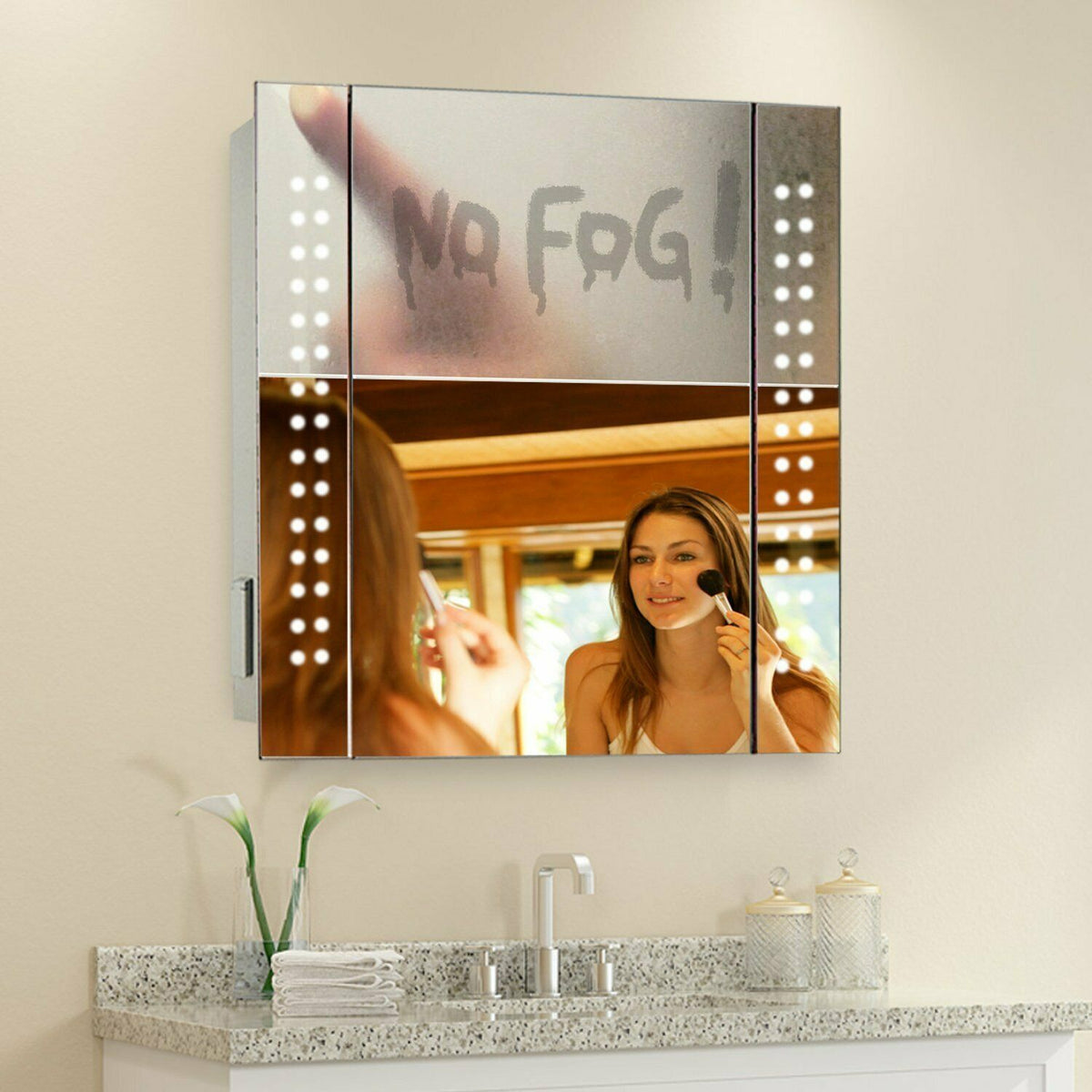 60 LED LIGHT BATHROOM MIRROR CABINET SHAVER SOCKET DEMISTER w/ SENSOR