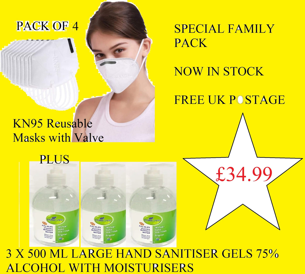 Family Pack 4 x KN95 Reusable Washable Face Masks and 4 x Hand Antibacterial Sanitizers Large 500ml Gel bottles with Dispenser 75% alcohol - UK Free Postage..Special Offer Now in Stock !