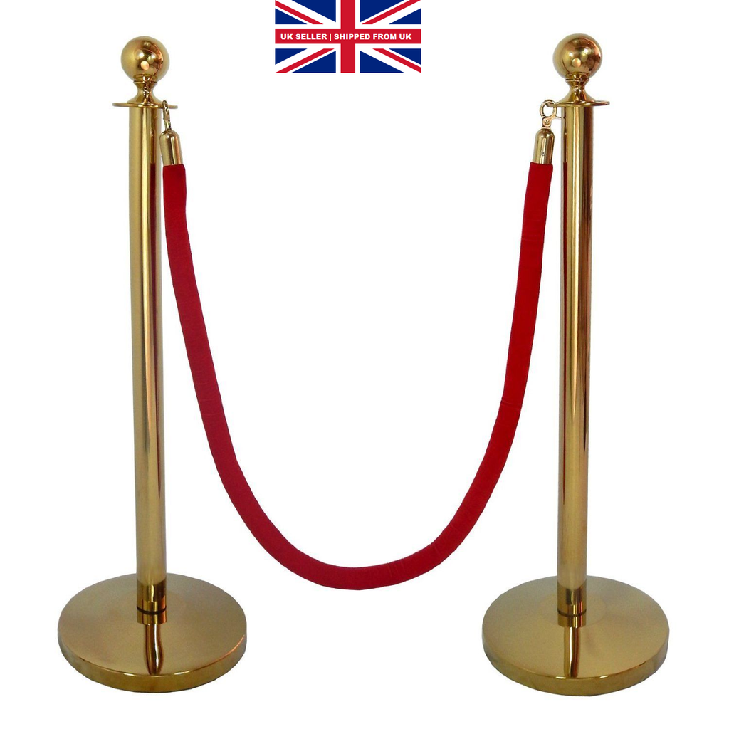 GOLD QUEUE BARRIER POSTS WITH 1.5M TWISTED RED or BLUE ROPE 