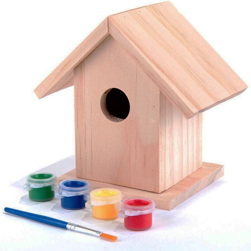 PINE KIT Garden Nest Box CHILDRENS CRAFTS 4 COLOURS + BRUSH H4