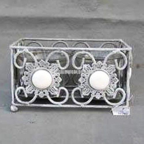 Double cube tealight candle holder Vintage Antique Grey metal brushed white LS3