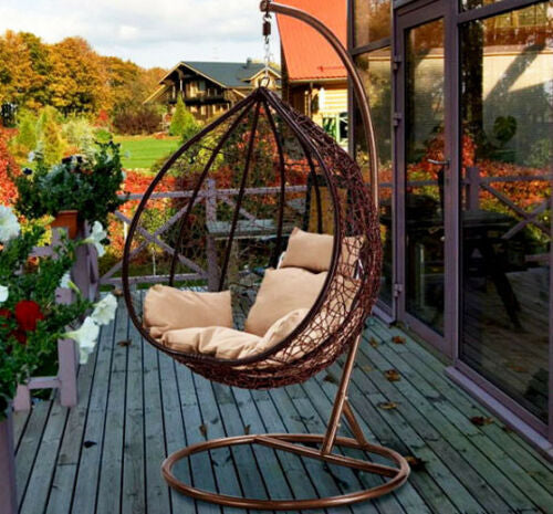 Brown Hanging Rattan Swing Patio Garden Chair Weave Egg with Cushion In or Outdoor Swinging