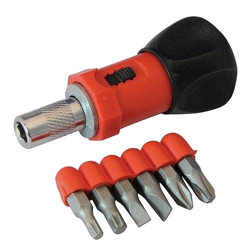 STUBBY RATCHET SCREWDRIVER & 6 BIT SET 80 MM TORX SLOTTED PHILLIPS TOOL U286