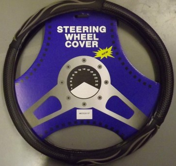 LEATHER STEERING WHEEL COVER GREY FLAME DESIGN EASY TO FIT 15.5" 37-39" DIAMETER