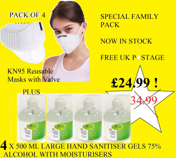 Family Pack 4 x KN95 Reusable Washable Face Masks and 4 x Hand Antibacterial Sanitizers Large 500ml Gel bottles with Dispenser 75% alcohol - UK Free Postage..Special Offer Now in Stock !