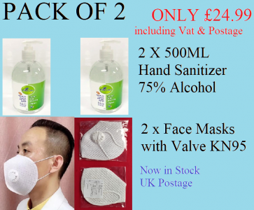 Pack of 2 Hand Antibacterial 500ml Large Bottles in Dispenser Bottles Gel Sanitizer Sanitiser Alcohol 75% with 2 x REUSABLE WASHABLE Face Masks  FREE UK Postage NOW IN STOCK!