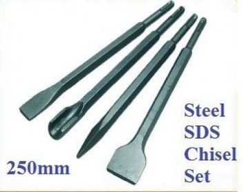 STEEL SDS+ 4 PCE CHISEL SET FLAT POINT GROOVE GOUGE DRILL HAMMER DRILL 250MM -T3