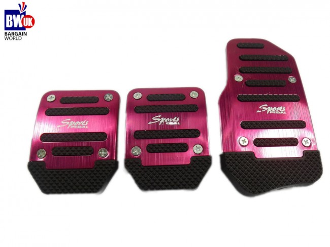 3 PIECE CAR FOOT COVERS PINK RED METAL SPORTS PEDALS PLATES UNIVERSAL FIT  (Z81)