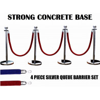 4 X SILVER QUEUE BARRIER POSTS STANDS SECURITY STANCHION ROPE DIVIDER STEEL SET