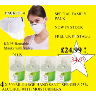 Family Pack 4 x KN95 Reusable Washable Face Masks and 4 x Hand Antibacterial Sanitizers Large 500ml Gel bottles with Dispenser 75% alcohol - UK Free Postage..Special Offer Now in Stock !